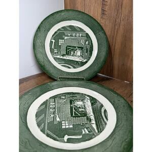 Set Of 2 1950's Colonial Homestead by Royal 10" Dinner Plates Vintage Green